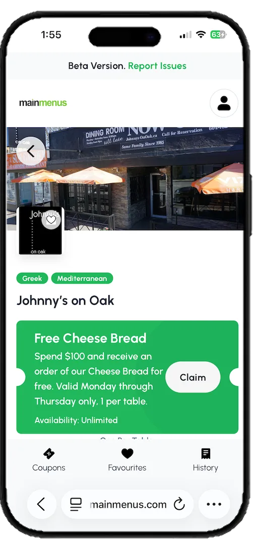 MainMenus app showing a restaurant offer with a Claim button